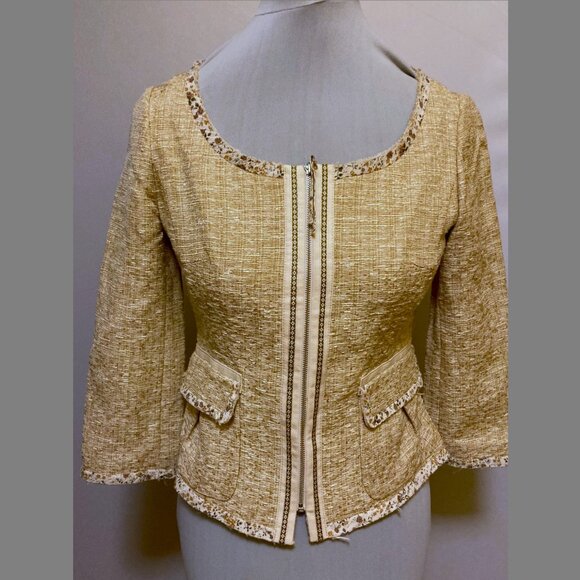 Anivee f cream/brown linen like jacket with floral ribbon trim - Picture 1 of 10